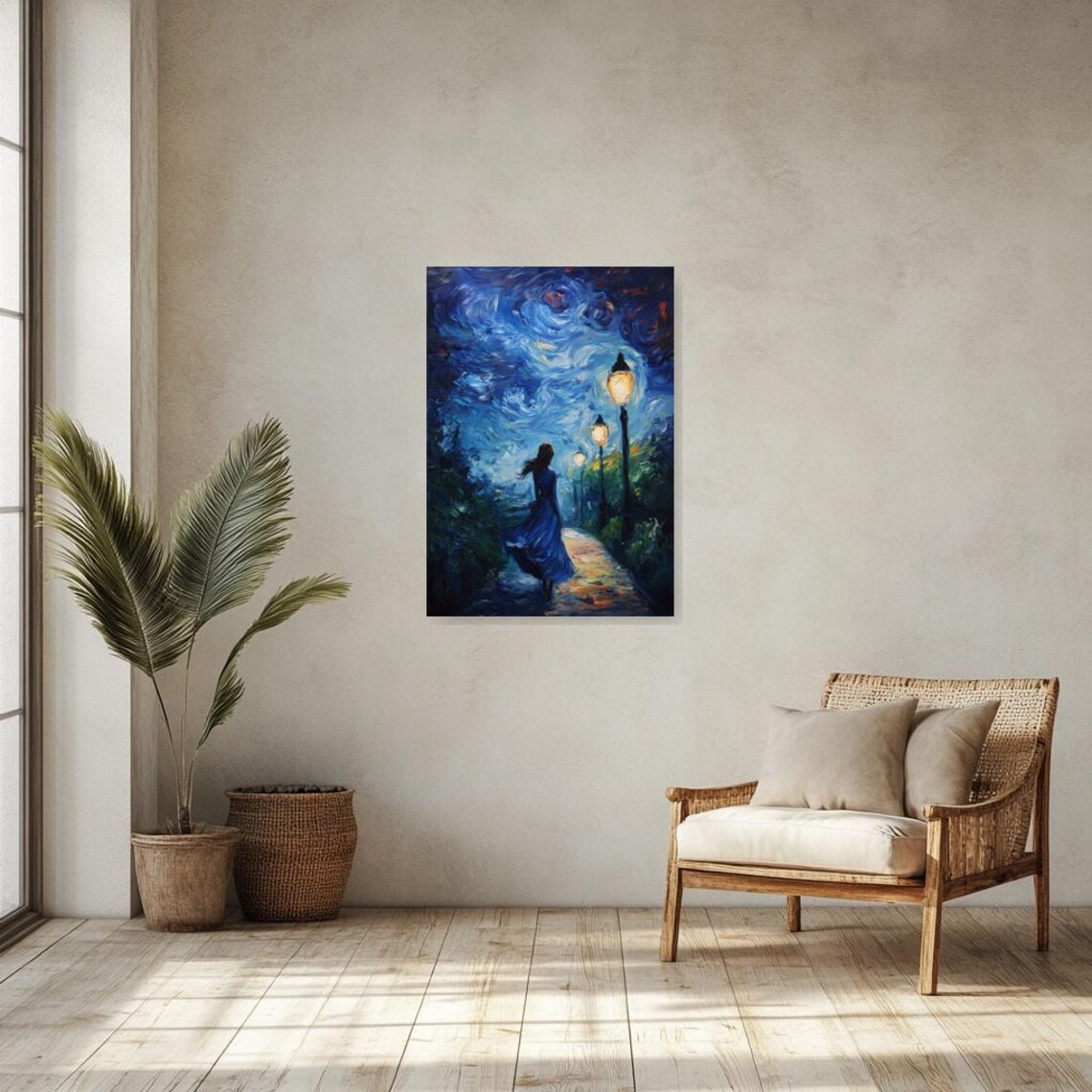 Woman Walking Under Street Lamps Starry Swirling Blue Night Sky Art Poster - Image 2