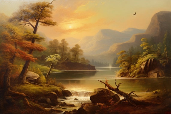 Hudson River School Style Lake Valley Sunset Print Timeless Wall Art For Nature Lovers
