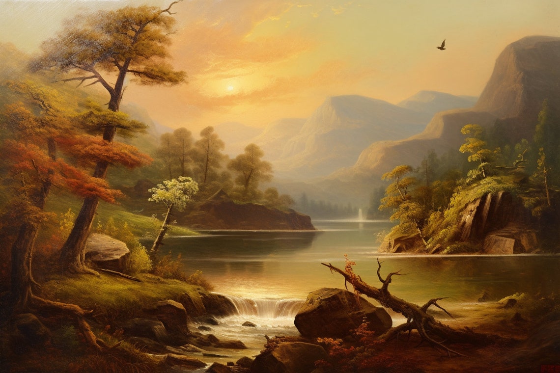 Hudson River School Style Lake Valley Sunset Print Timeless Wall Art For Nature Lovers