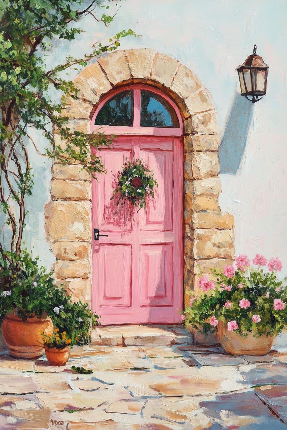 Pink Arched Door with Stone Frame and Blooming Flower Pots Poster