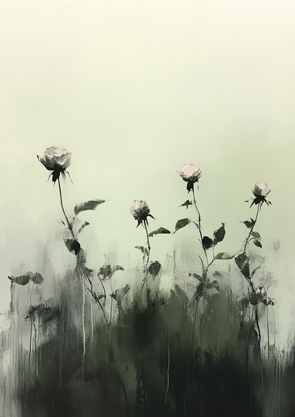 Elegant White Roses in Misty Green Minimalist Botanical Poster