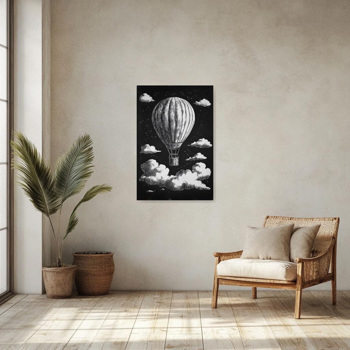 Vintage Hot Air Balloon Night Sky Engraving Cloud Art Poster - Image 3
