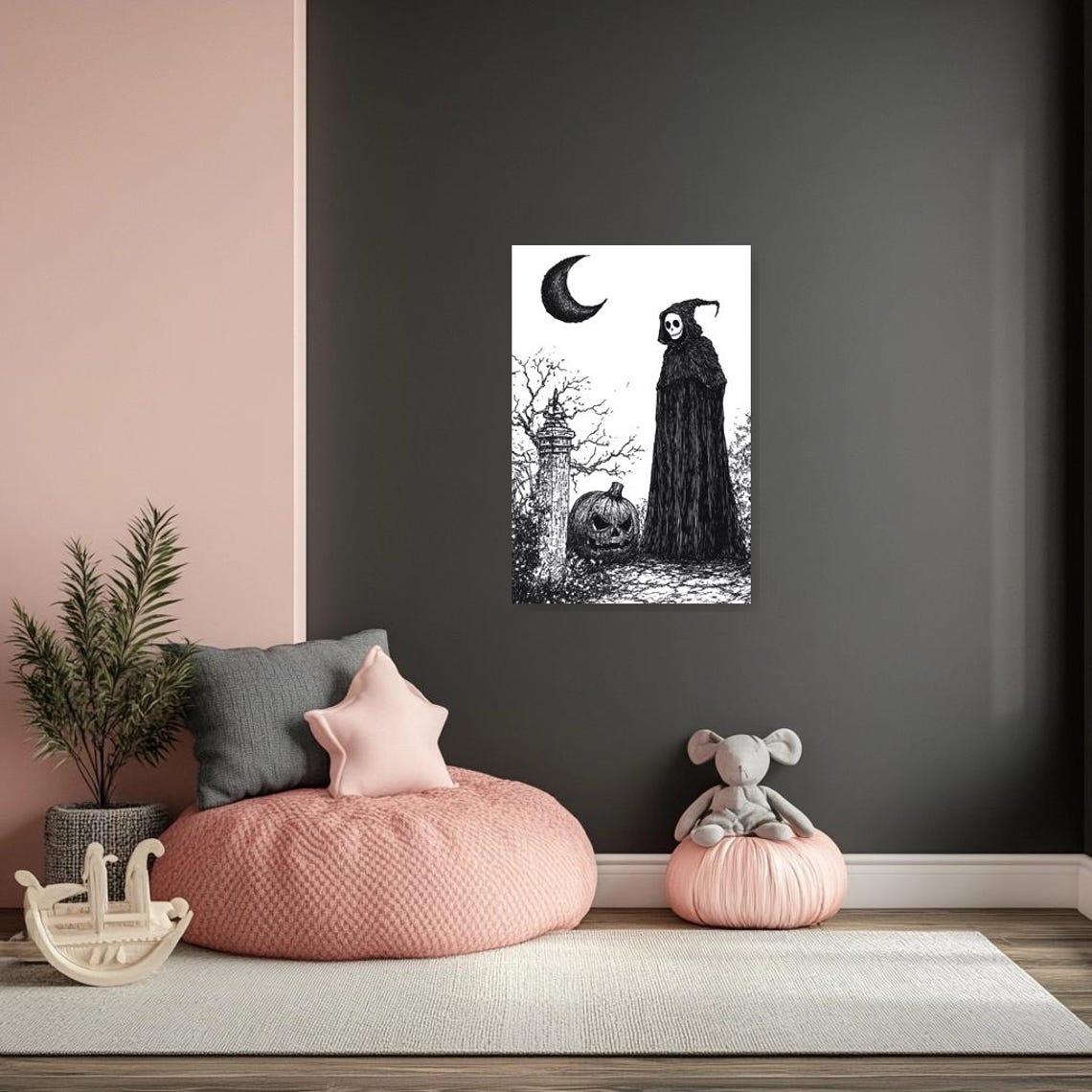 Gothic Halloween Reaper Jack-O-Lantern Crescent Moon Ink Poster - Image 3