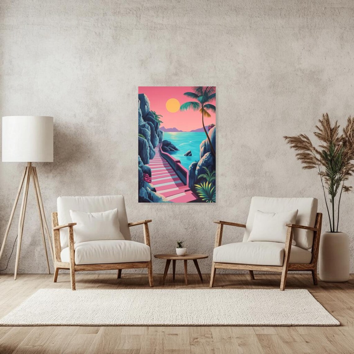 Retro 80s Tropical Paradise Staircase to Turquoise Sea Art Poster - Image 2