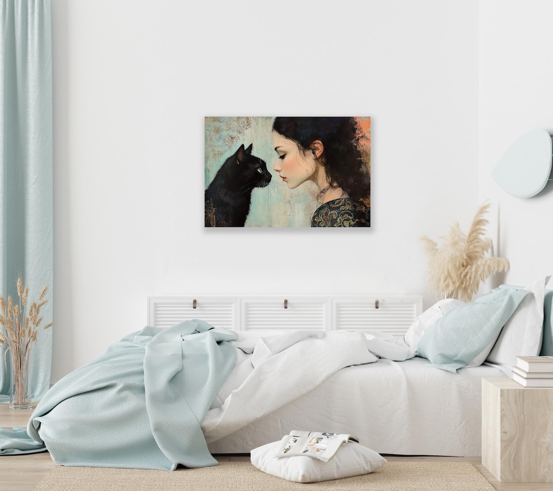 Young Woman And Black Cat Nose To Nose Painterly Portrait Art Poster - Image 2