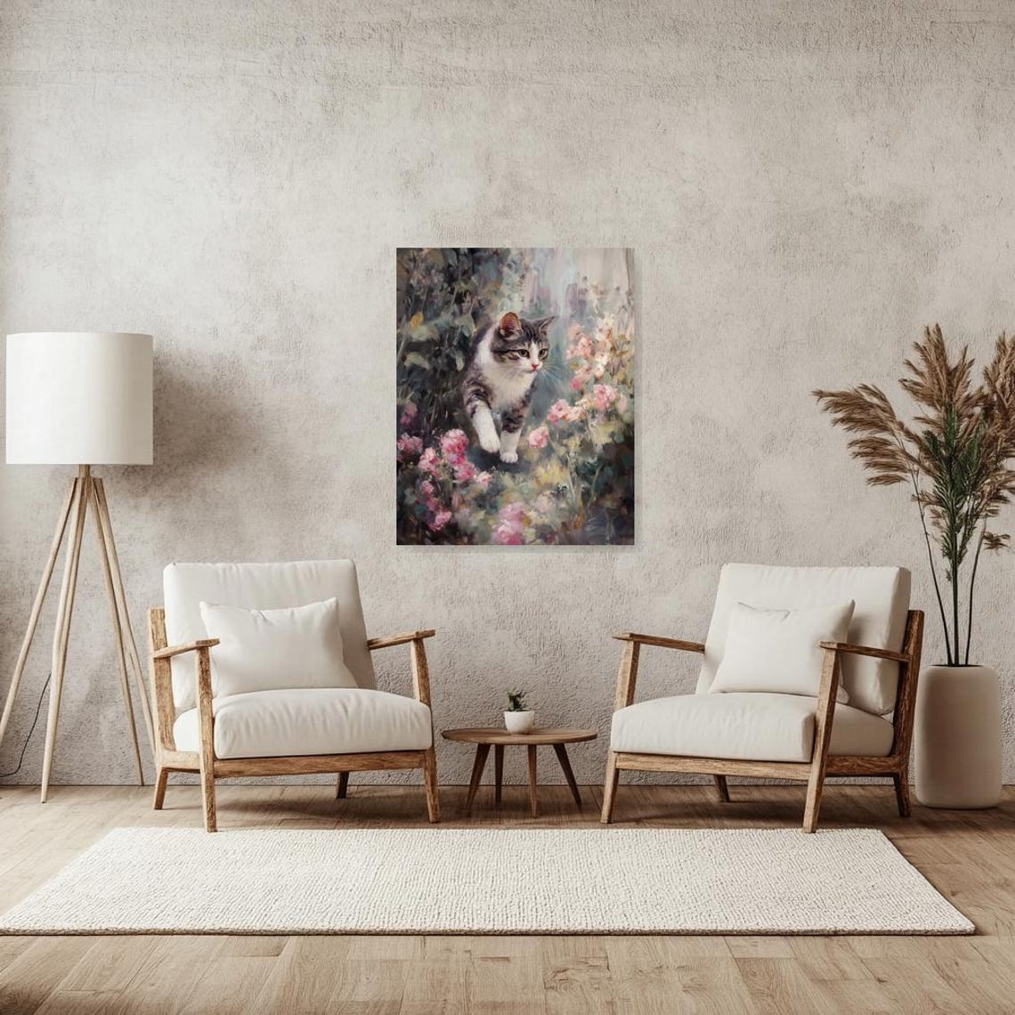 Tabby Cat in Pink Flower Garden Impressionist Animal Art Poster - Image 3