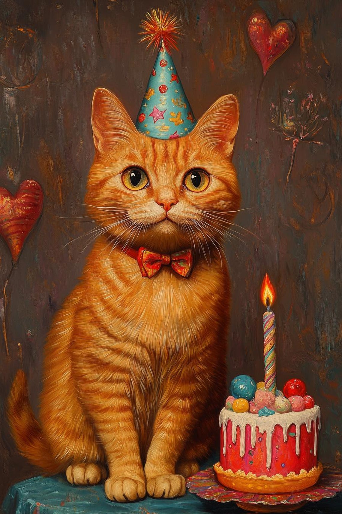 Orange Tabby Cat in Birthday Party Hat Celebration Scene Poster