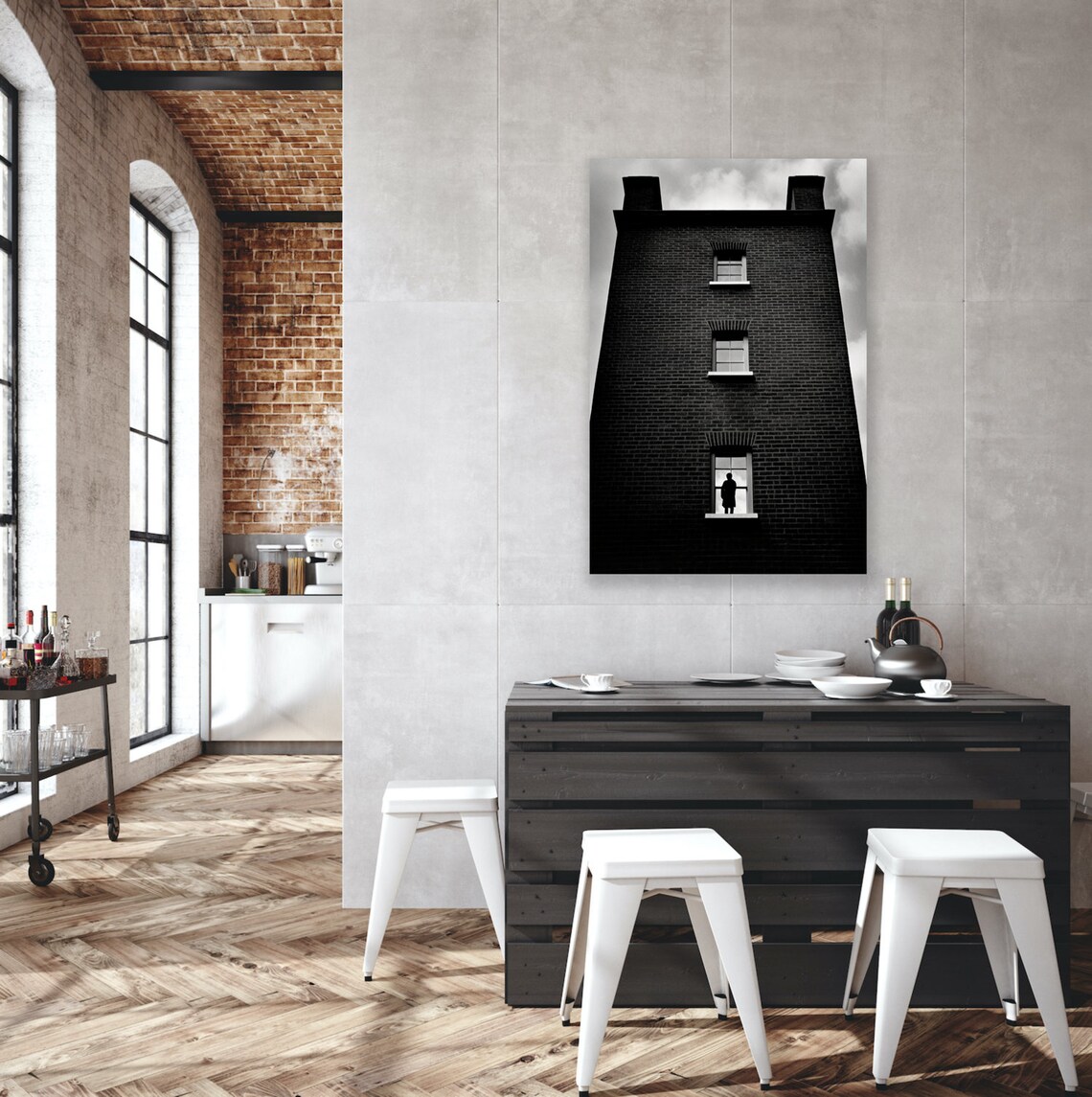 Silhouette in Window of Tall Brick Building Moody Urban Photo Poster - Image 2