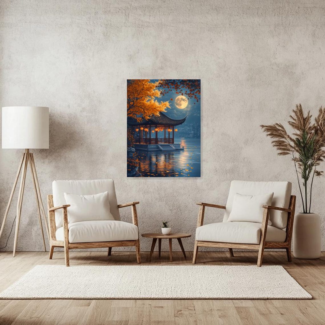 Chinese Moonlit Lakeside Pavilion With Lanterns Autumn Night Poster - Image 2