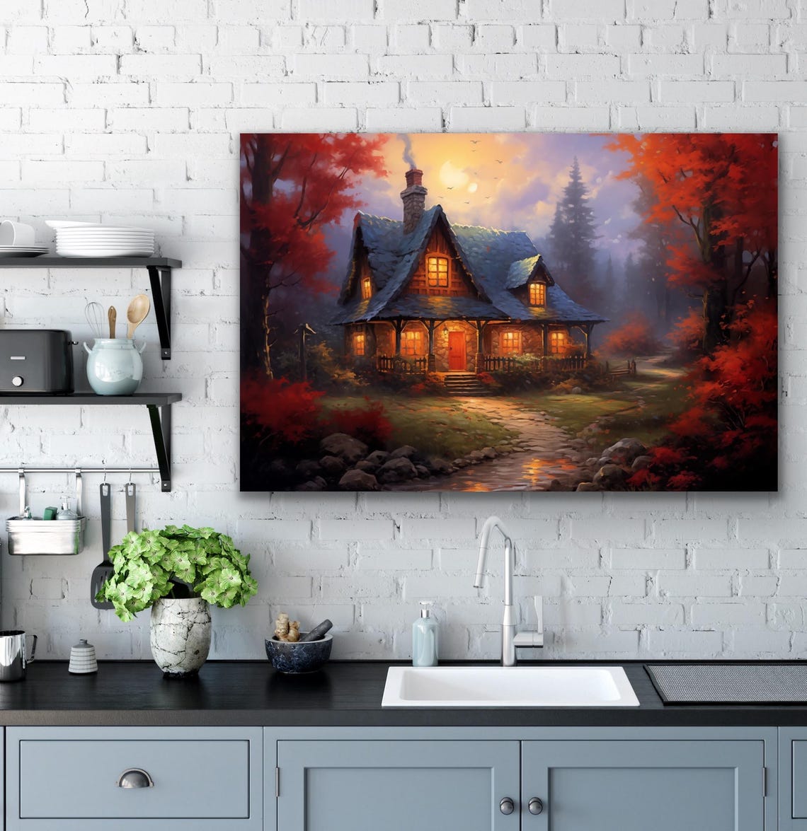 Cozy Autumn Cabin Glowing Windows Night Fall Forest Light Poster - Image 2