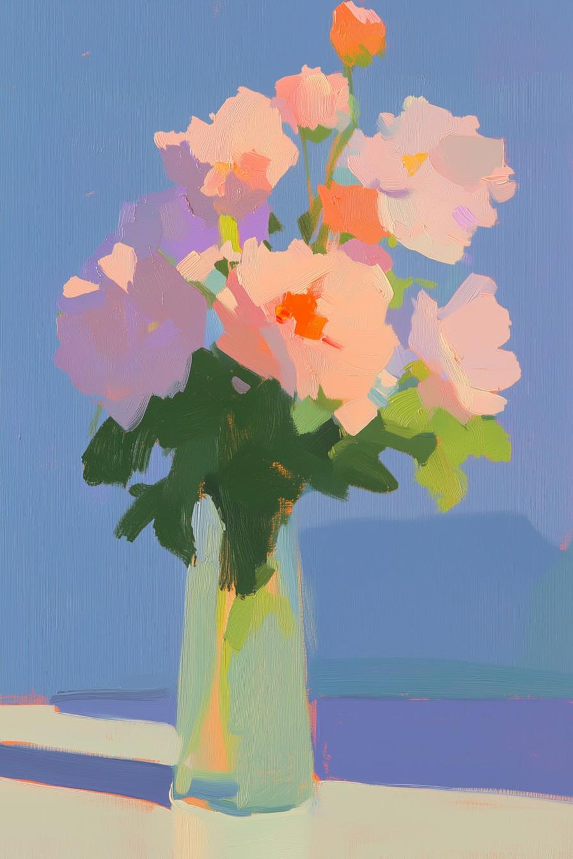 Pink Blossoms Glass Vase Blue Background Impressionist Floral Poster