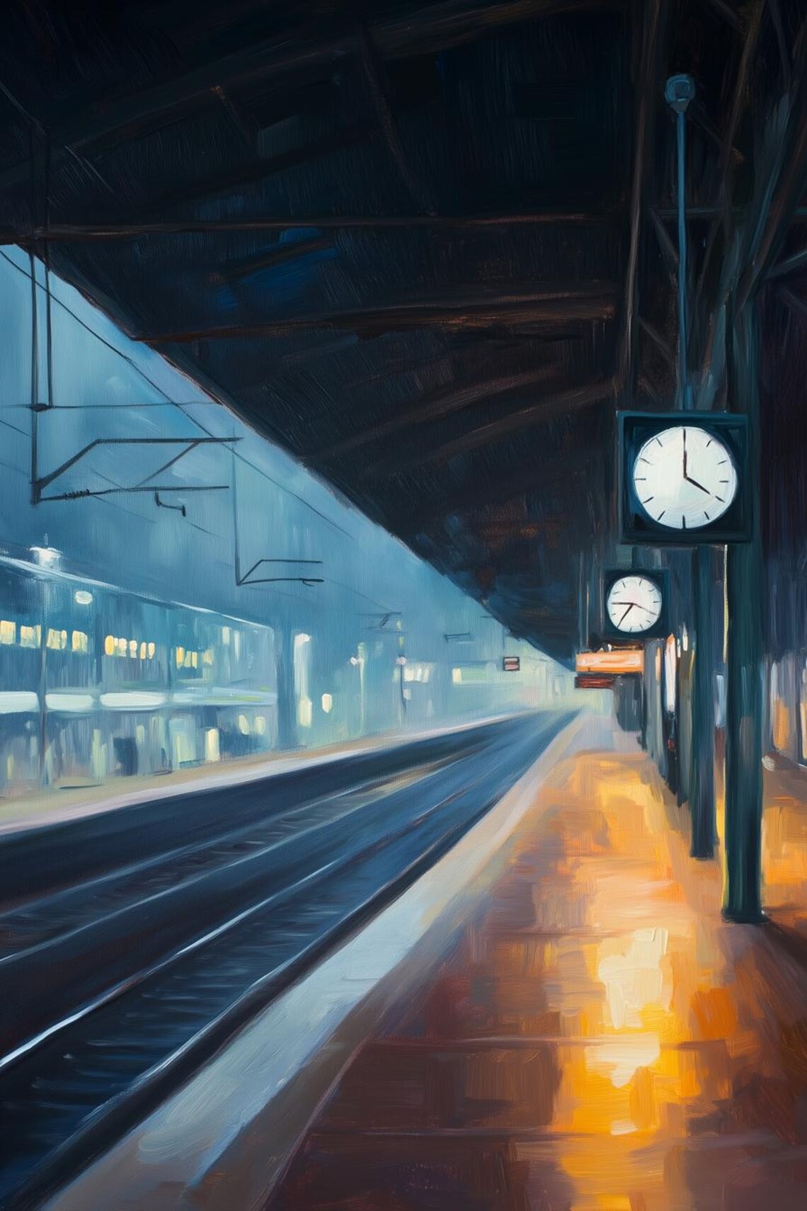 Rainy Railway Station Platform Night Clock Blue Hopper Style Poster