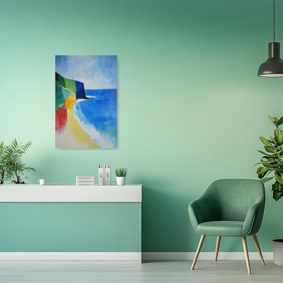 Abstract Blue Cliffs and Yellow Beach Coastal Landscape Poster - Image 2
