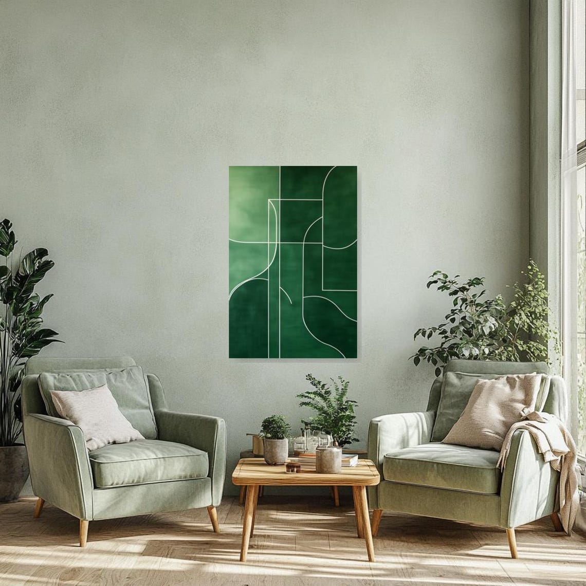 Custom Geometric Print Inspired By Minimalist Artists With Deep Green Background And White Lines For Modern Home Decor - Image 3