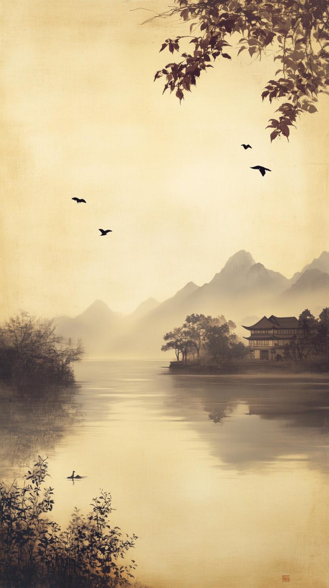 Misty East Asian Ink Wash Lake Pagoda Mountain Calm Zen Poster