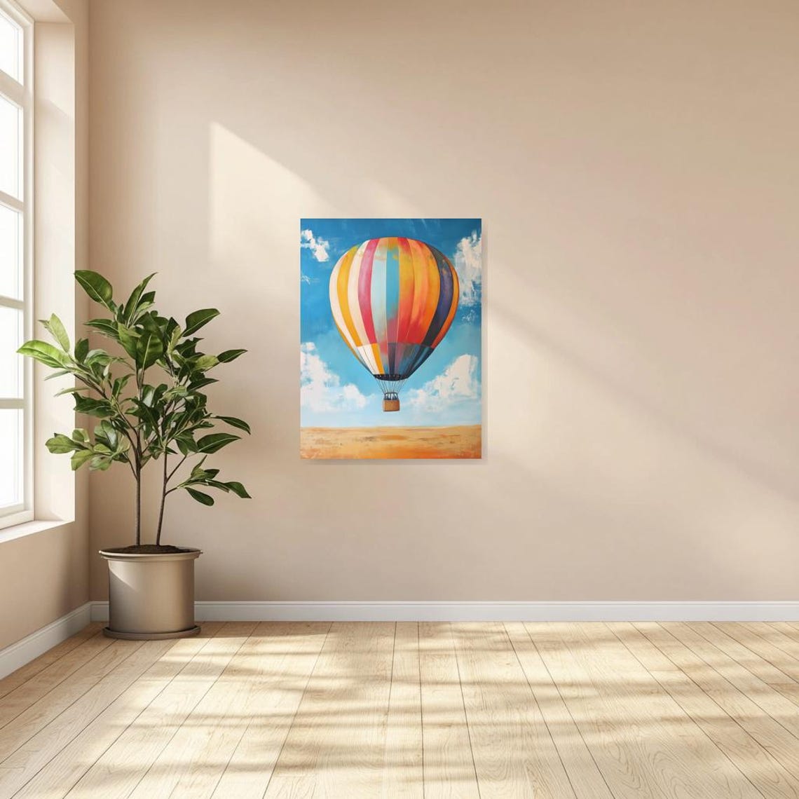 Colorful Striped Hot Air Balloon Floating Over Desert Sky Poster - Image 3