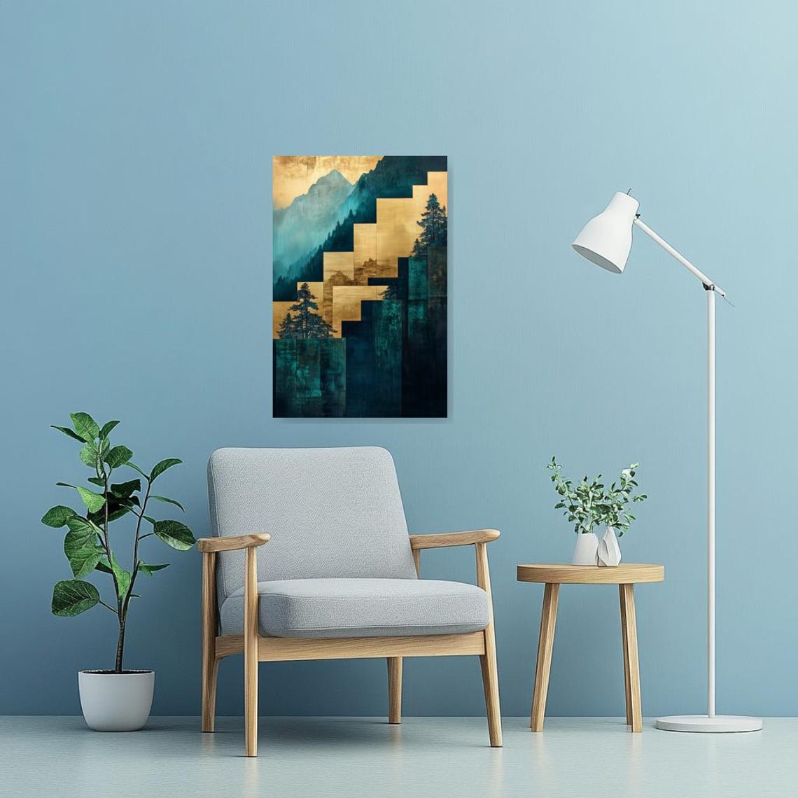 Golden Gold-Leaf Mountains Teal Forest East Asian Art Poster - Image 3