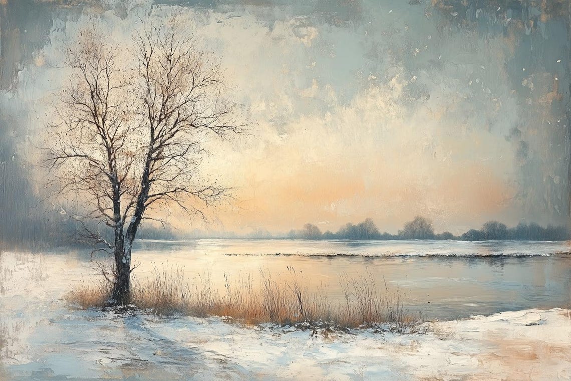 Bare Winter Tree By Misty Lake At Dawn Soft Pastel Art Poster