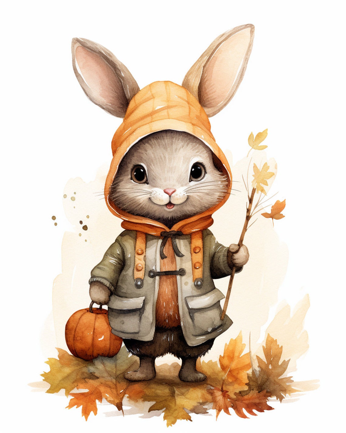 Cute Fall Bunny With Pumpkin Hood Autumn Watercolor Nursery Poster