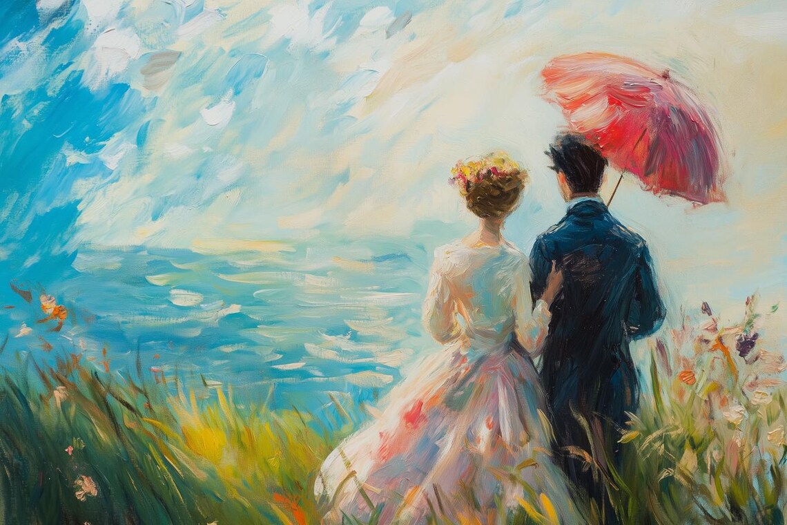 Romantic Coastal Wedding Scene, Impressionist Style