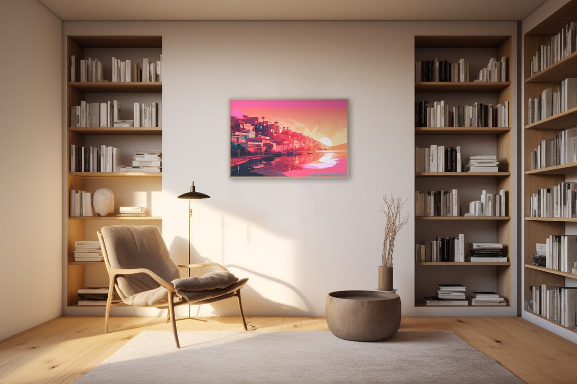 Vibrant Coastal Town Pink Sunset Pop Art Cityscape View Poster - Image 2