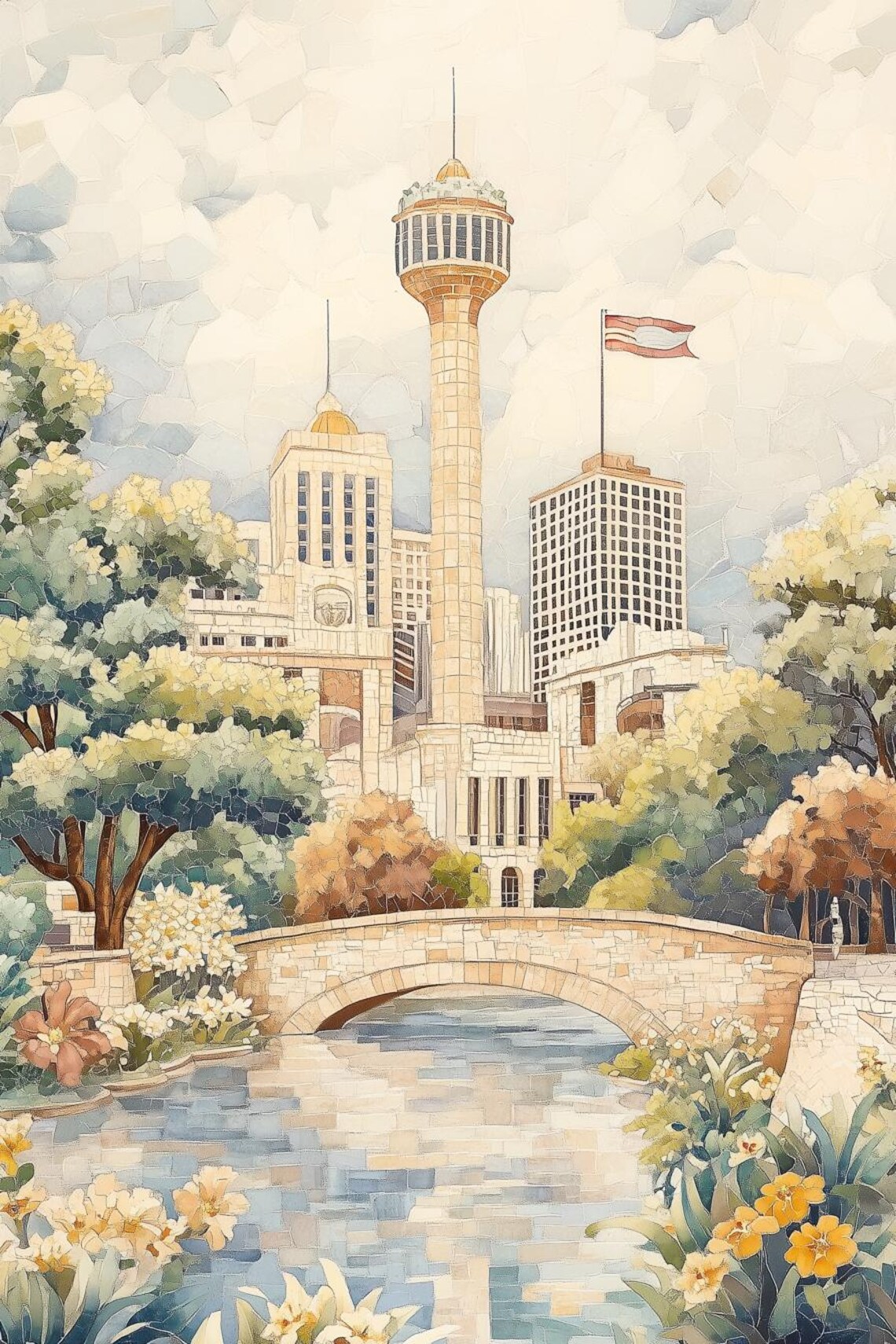 Charming Landscape, Impressionist Style Botanical Elements
