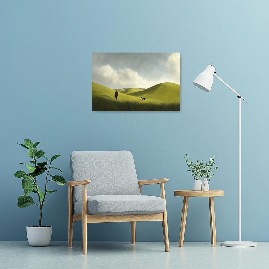 Man Walking Dog Across Rolling Green Hills Cloudy Sky Art Poster - Image 3