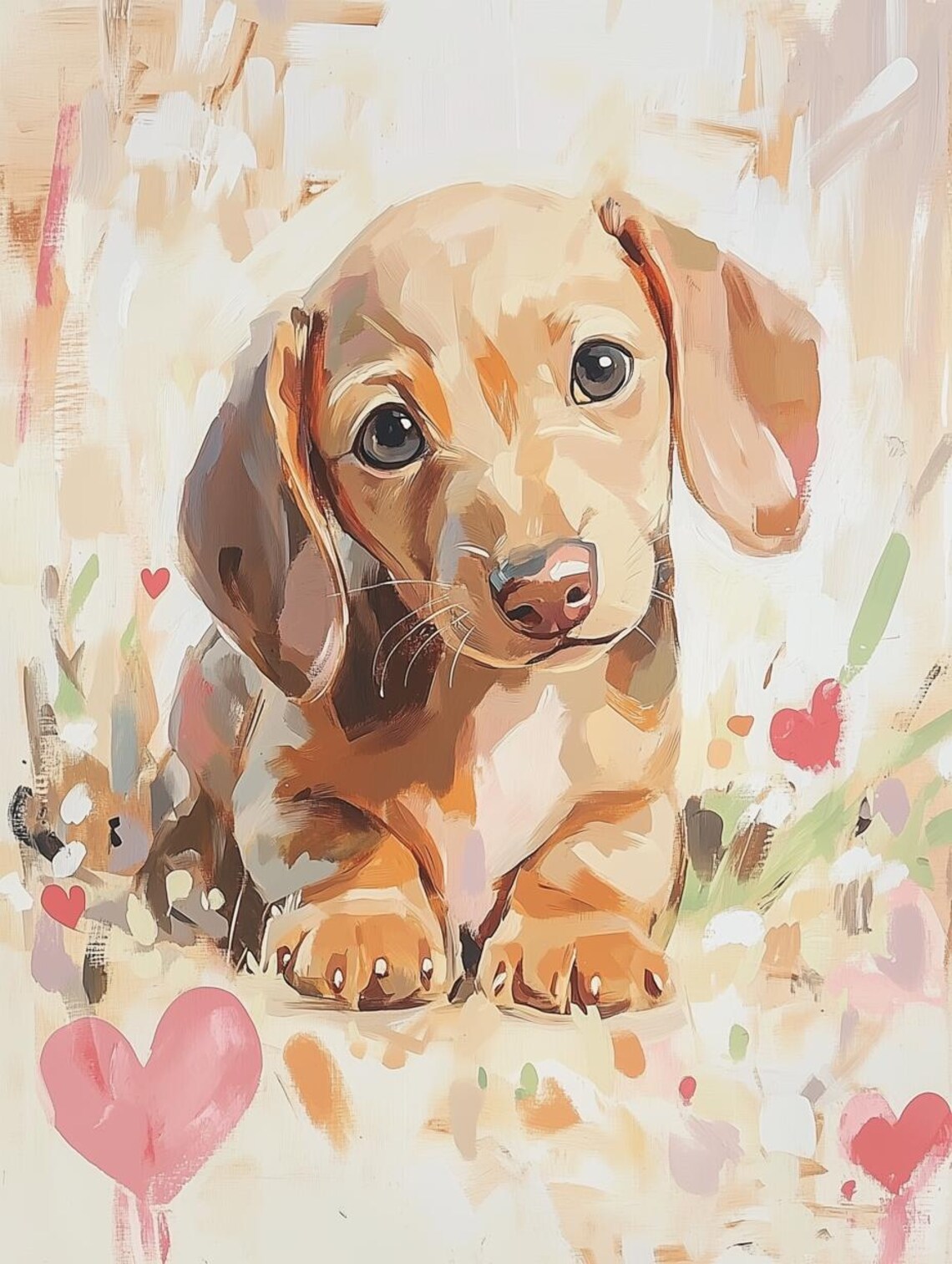 Adorable Dachshund Puppy Portrait with Hearts Painting Poster