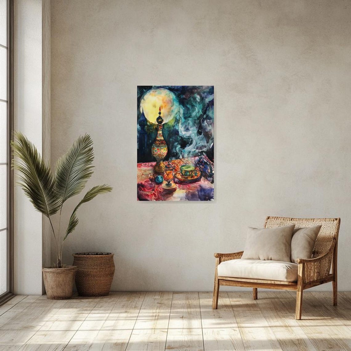 Moonlit Still Life with an Ornate Patterned Bottle and Tea Cup Poster - Image 2