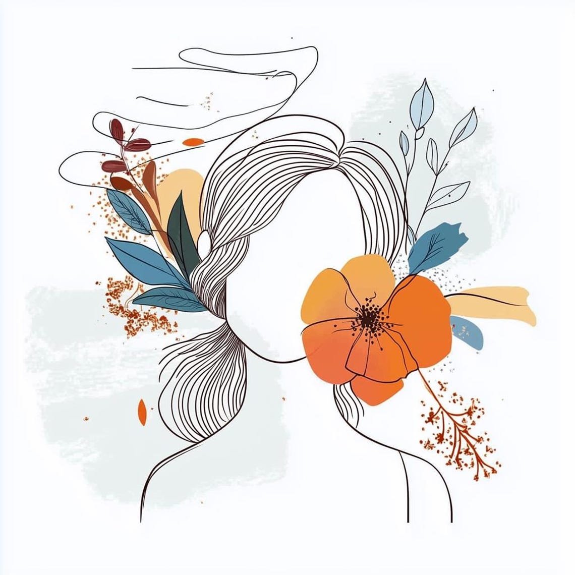 Minimalist Line Art Woman's Profile With an Orange Flower Poster