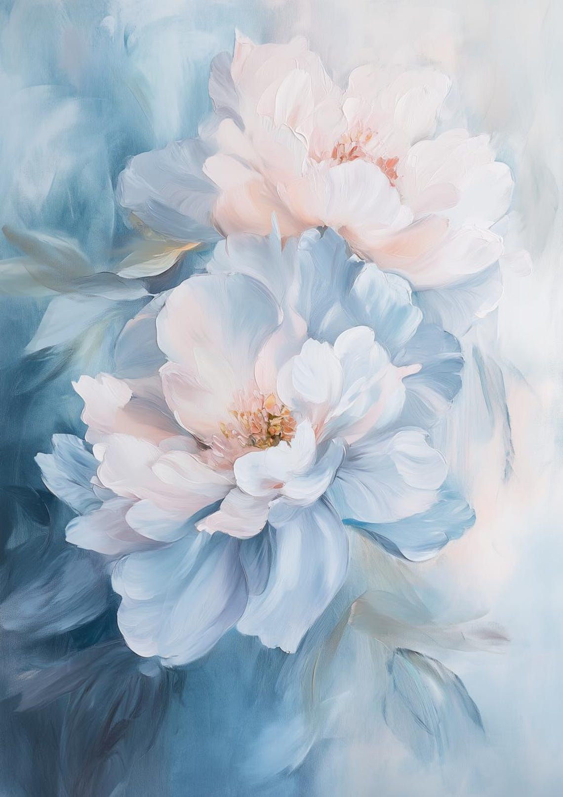 Soft Pastel Peony Flowers in Dusty Blue and Blush Pink Poster