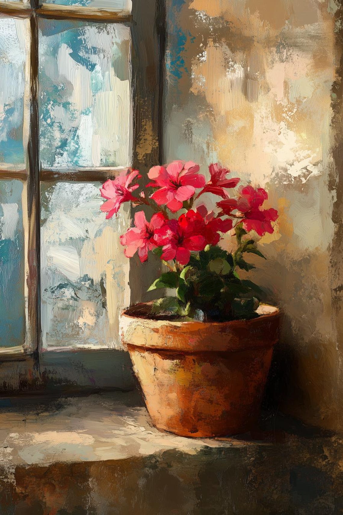 Sunlit Terracotta Pot Red Flowers By Rustic Window Art Poster