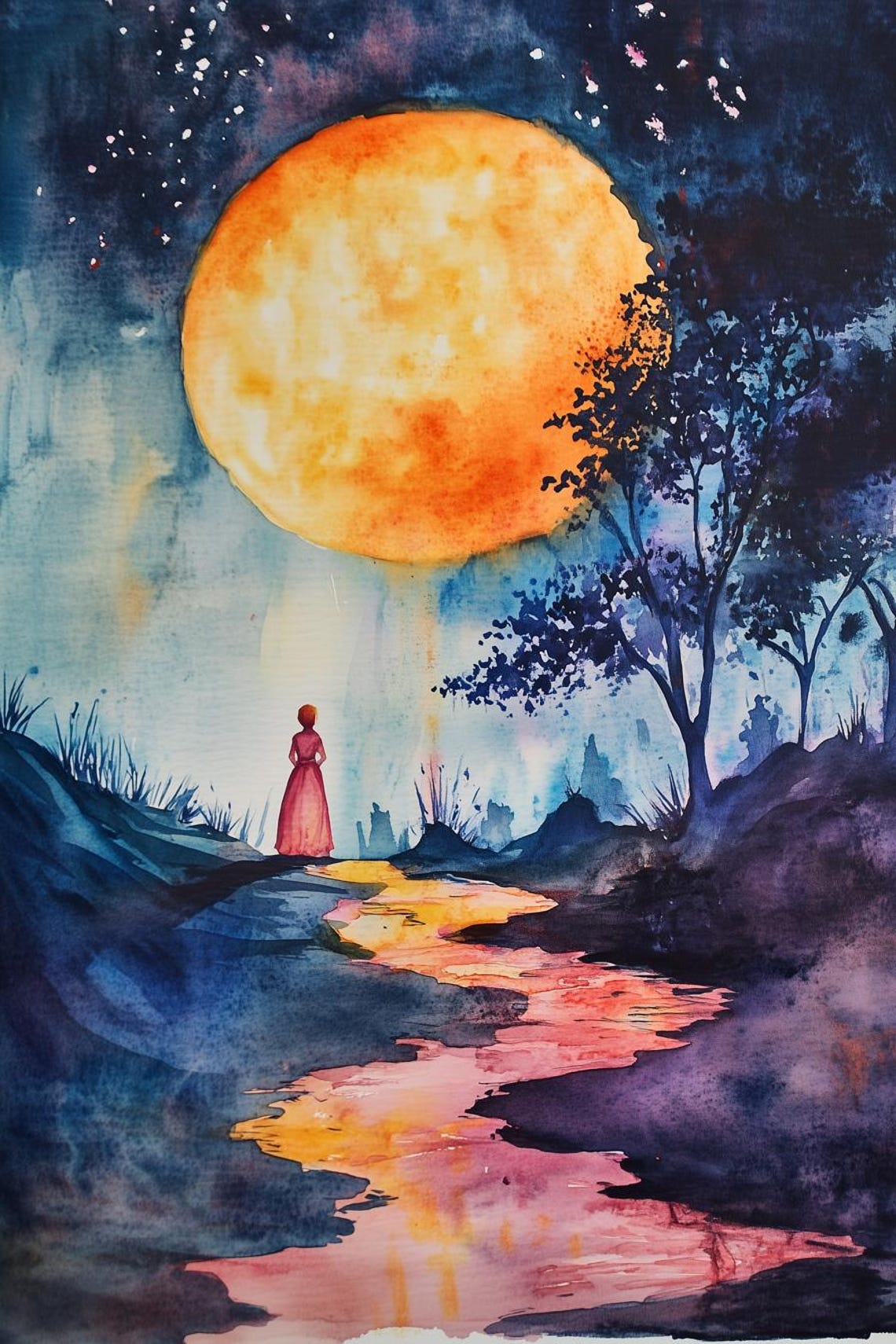 Giant Orange Moon Over a River with a Red Dress Figure Poster