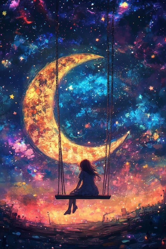 Moonlit Swing Print Inspired By Van Goghs Starry Night Romantic Home Decor And Magical Wall Art