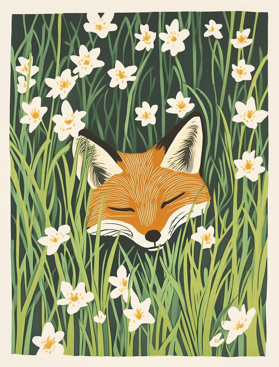 Peaceful Sleeping Red Fox Hidden Among White Wildflowers Poster