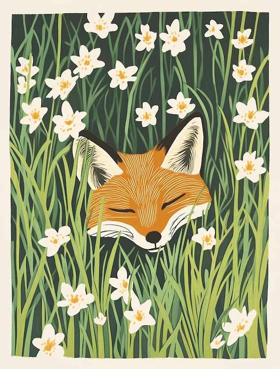 Peaceful Sleeping Red Fox Hidden Among White Wildflowers Poster