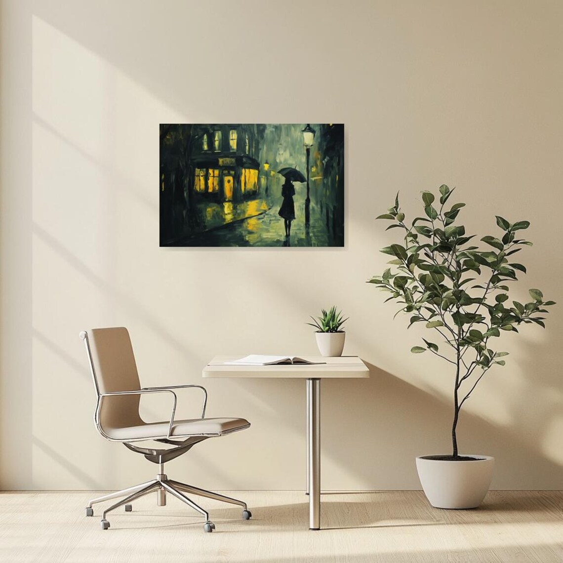 Moody Rainy Night Street With Glowing Windows And Umbrella Figure Poster - Image 5