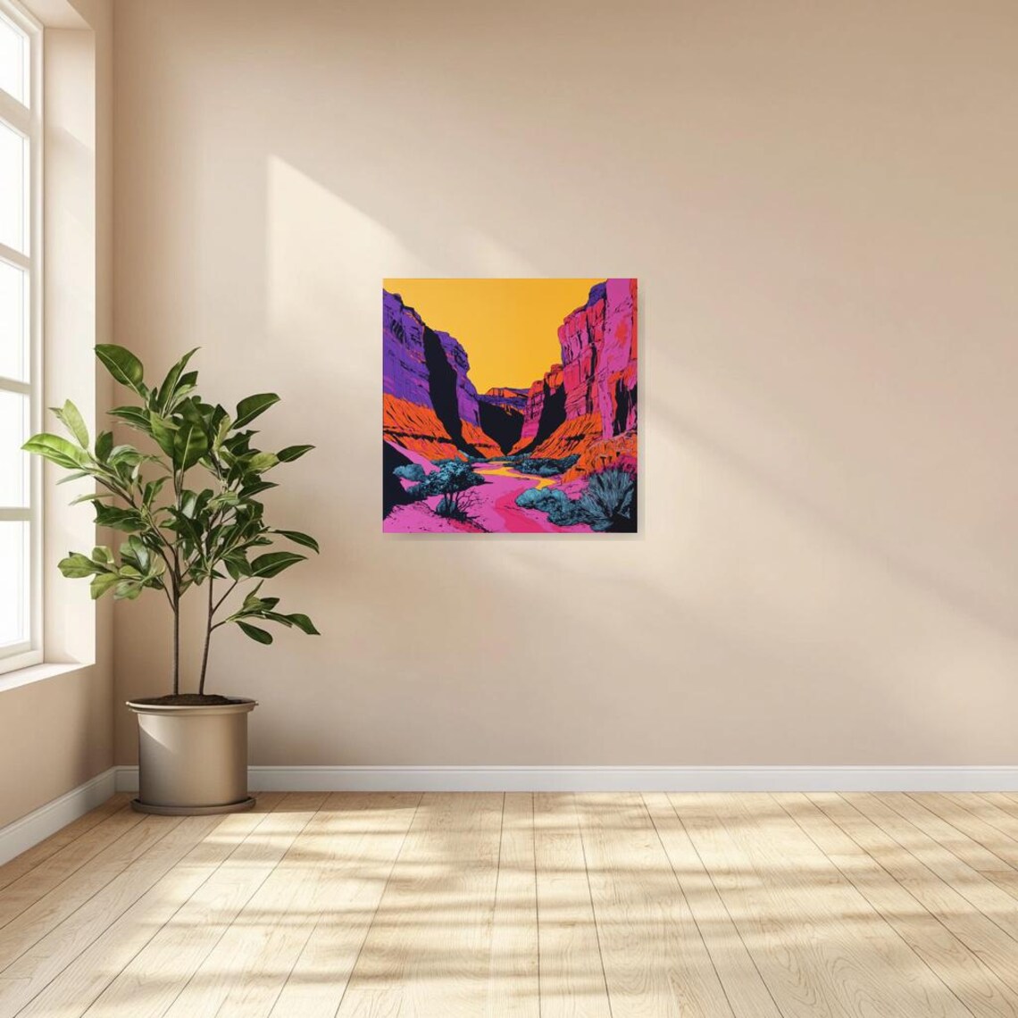 Neon Pop Art Canyon Sunset with Purple Cliffs and Pink River Poster - Image 3