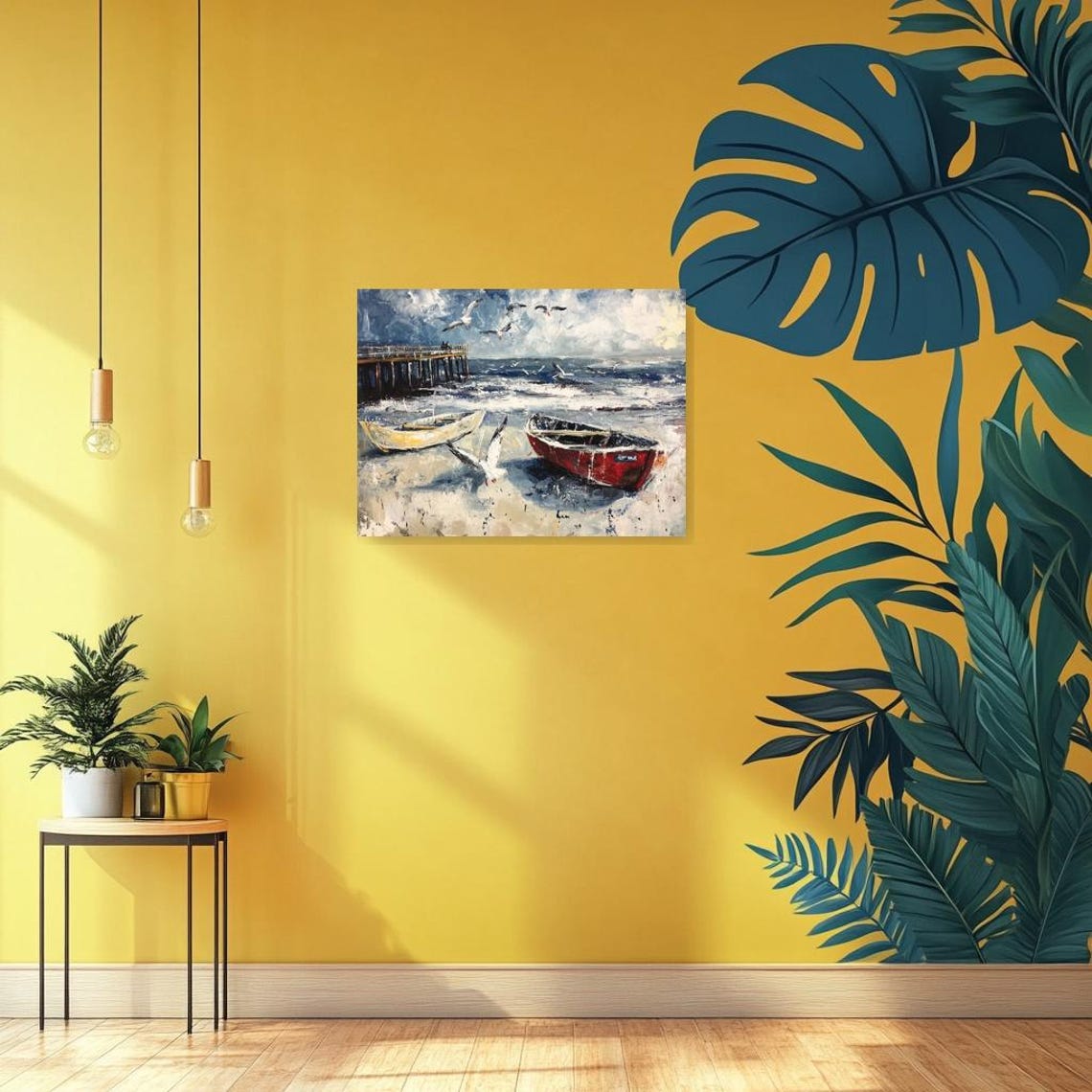 Coastal Harbor Scene with Beached Boats and Flying Seagulls Poster - Image 2