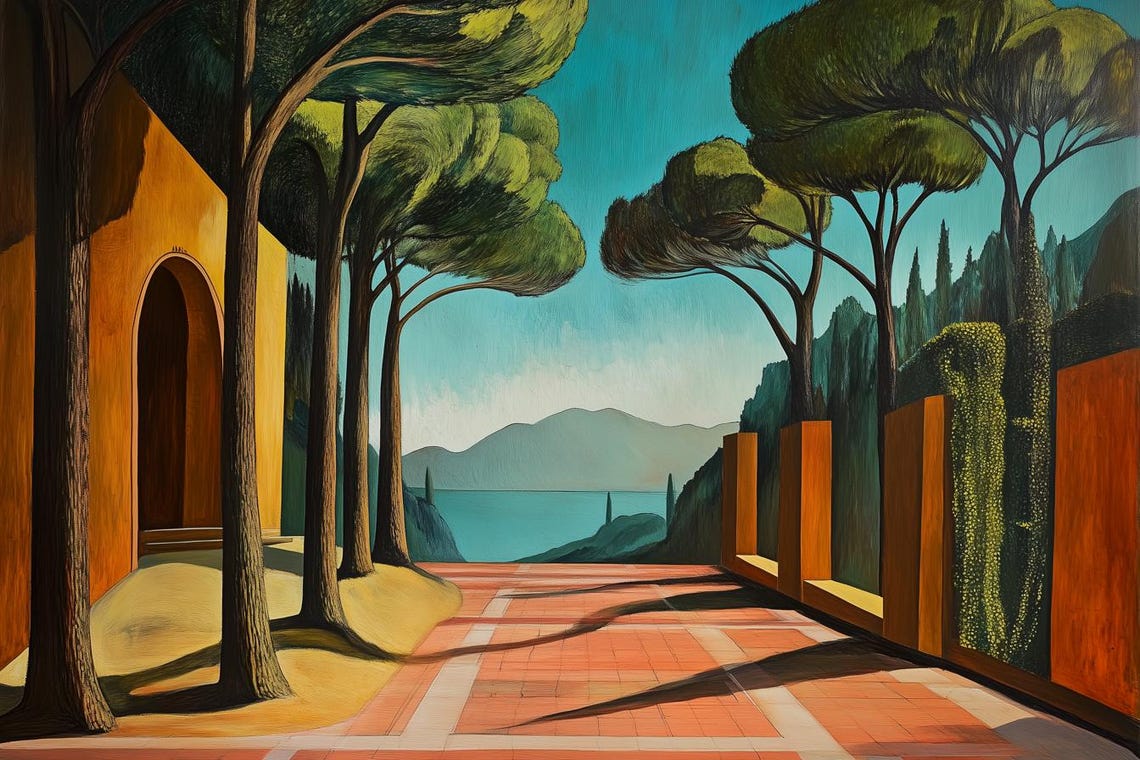 Italian Lakeside Terrace with Pine Trees Under Teal Sky Poster