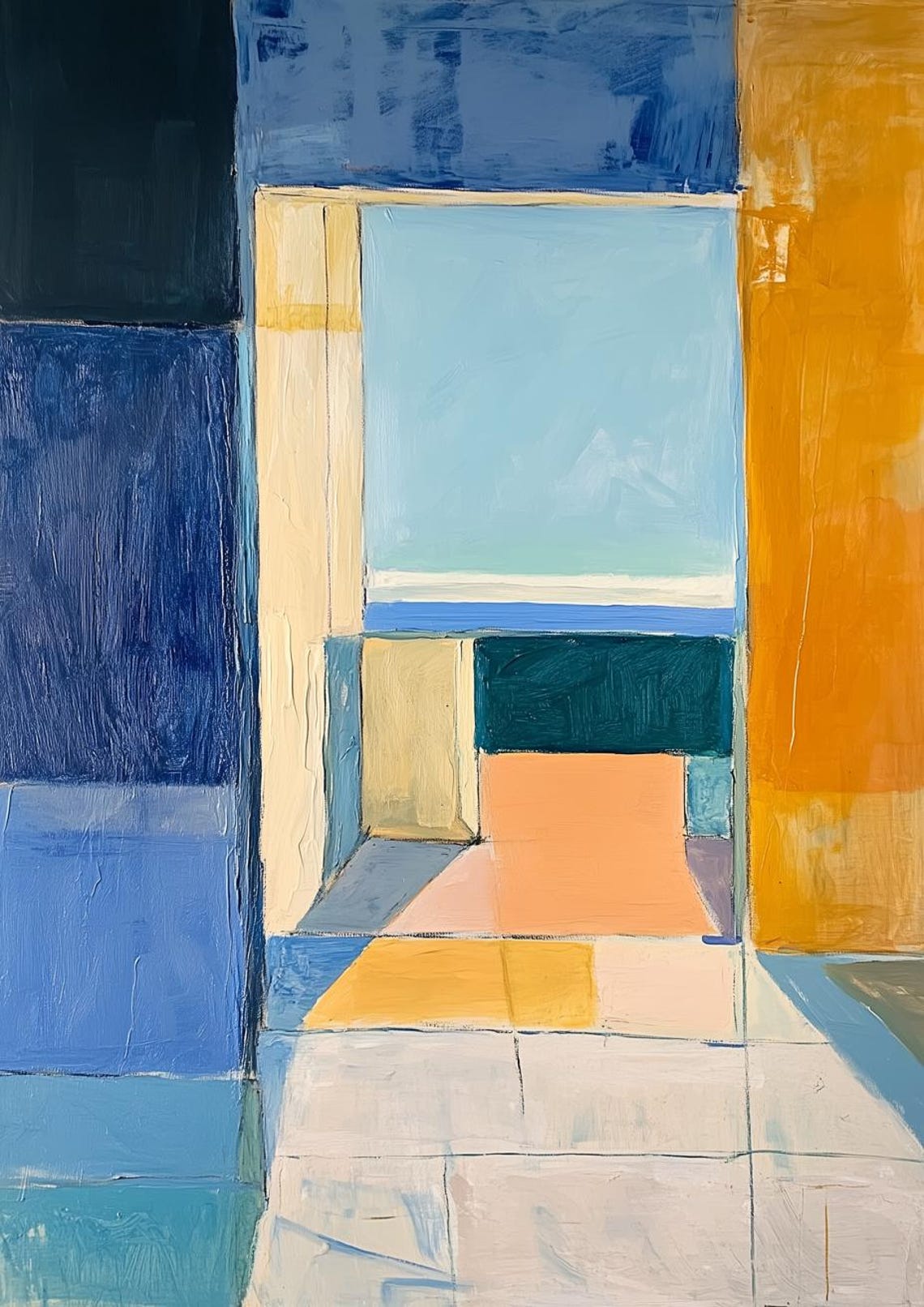 Abstract Window Portal in Mondrian Style Blue and Yellow Poster