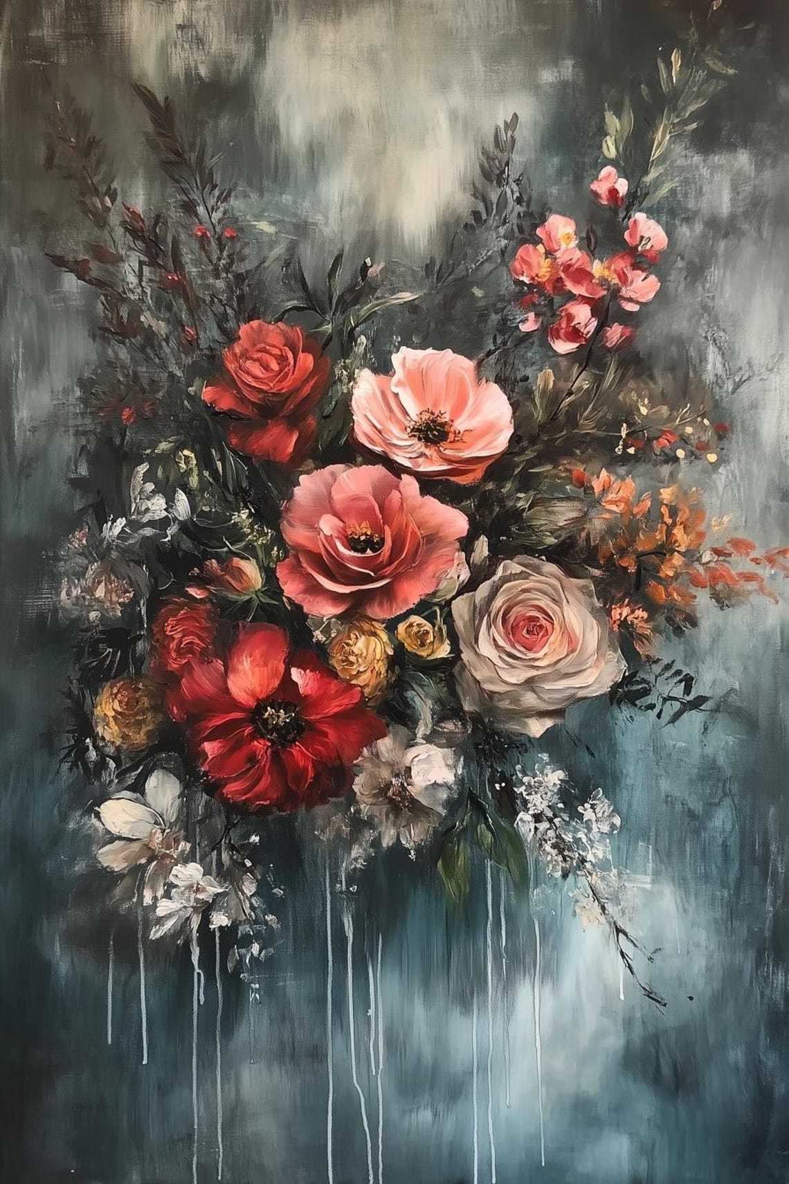 Impressionist Roses Bouquet Moody Teal Dripped Paint Art Poster