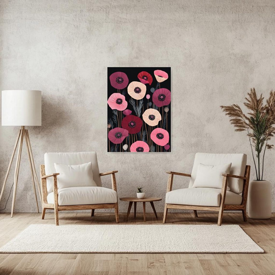 Pink and Red Poppies Blooming on a Dramatic Black Background Poster - Image 3