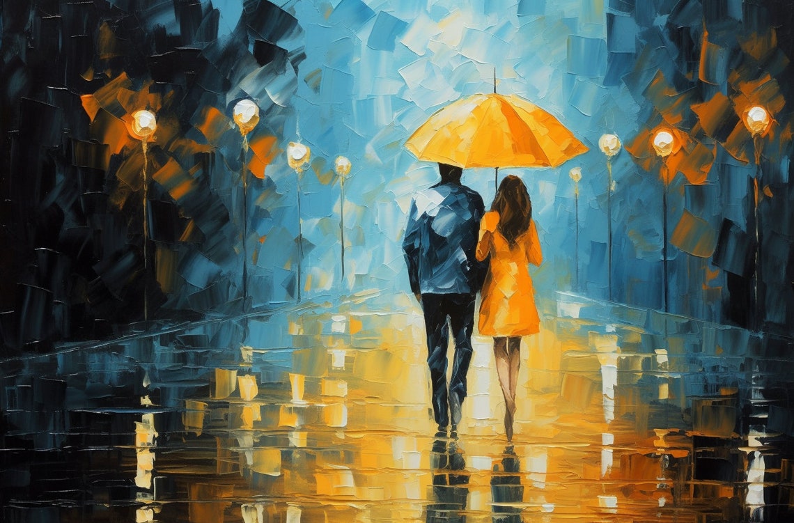 Couple Under Umbrella on Rainy City Street Night Impressionist Poster