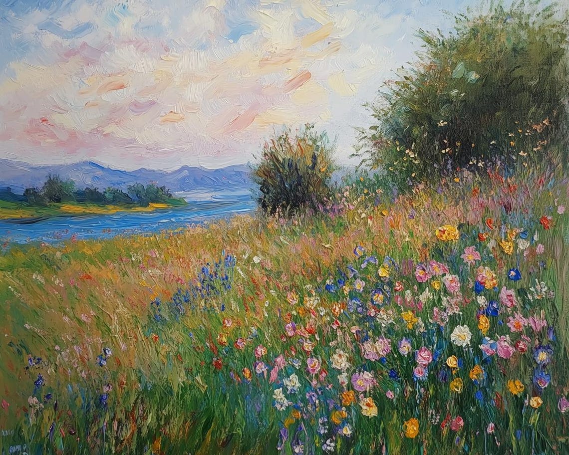 Wildflower Meadow River Impressionist Landscape Spring Bloom Poster