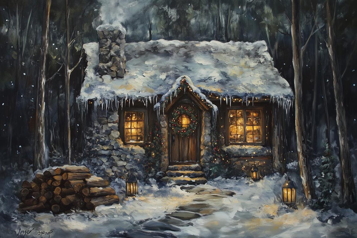 Snowy Stone Cabin Glowing Windows Dark Winter Night Hygge Poster