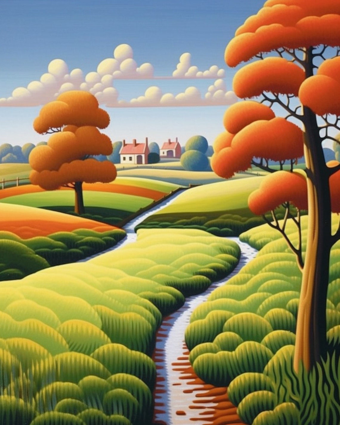 Paul Corfield Inspired Stream Through Green Fields And Bright Orange Trees Artwork Wall Art Custom Curators