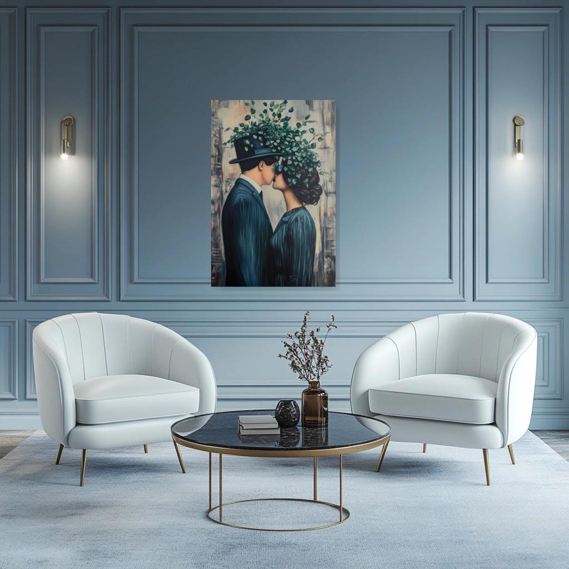 Surreal Kissing Couple with Leafy Top Hat Magritte Style Poster - Image 3