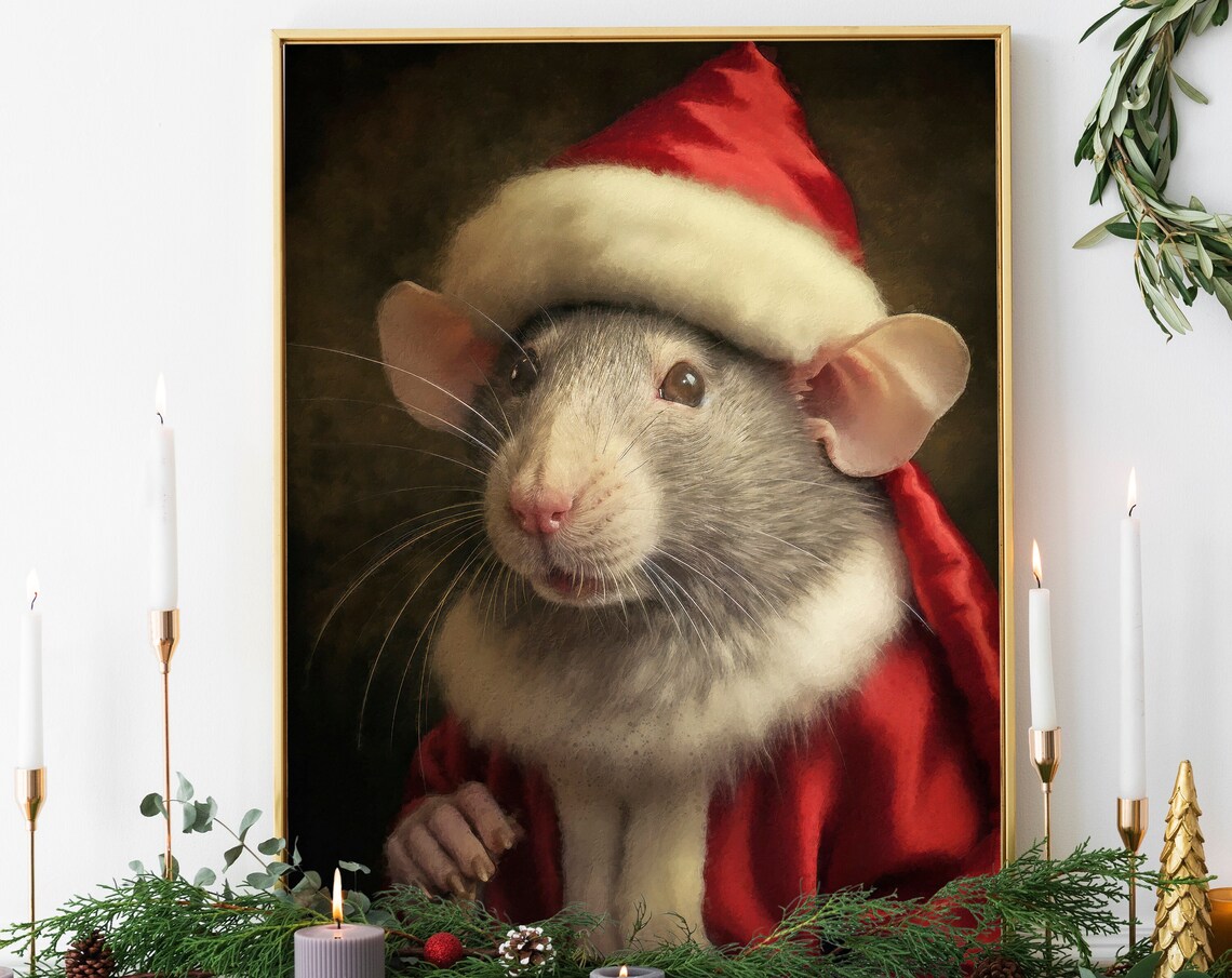Christmas Rat Vintage Portrait Art Print