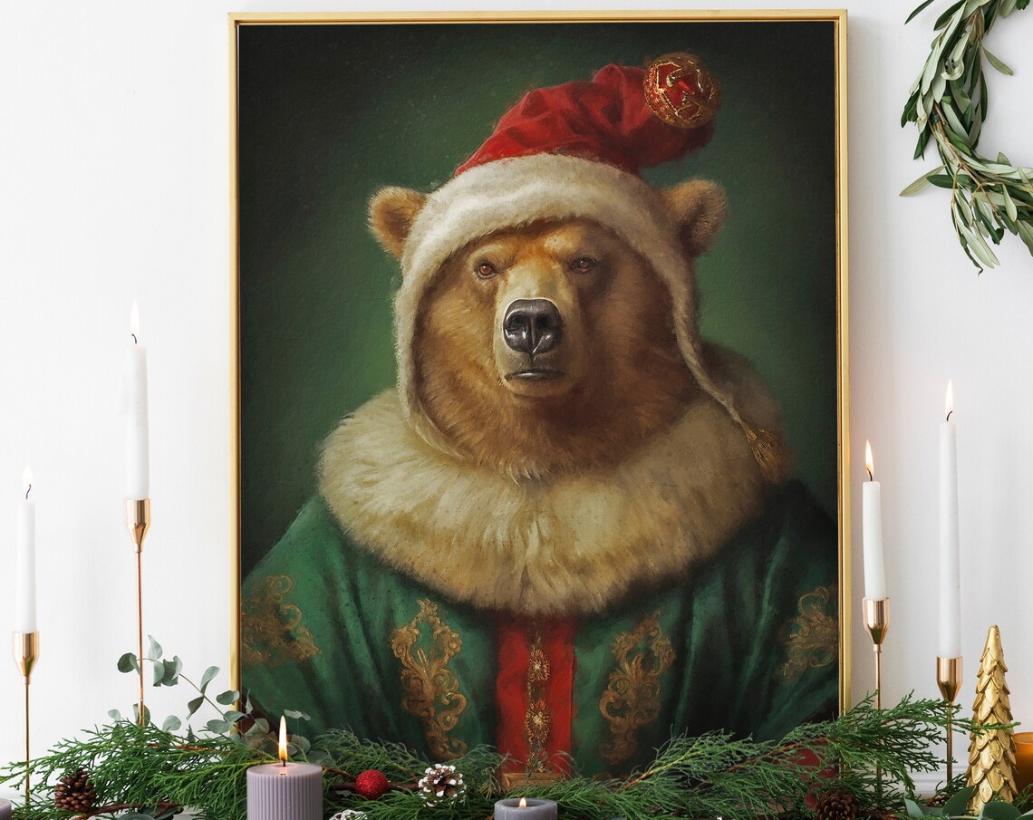 Christmas Bear Vintage Portrait Art Print